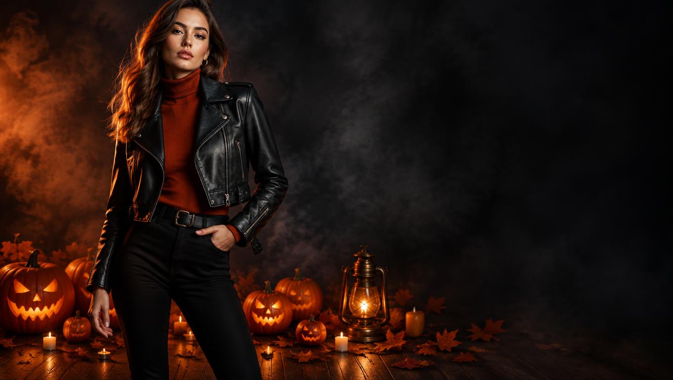 Modelo con chaqueta de cuero negra estilo motociclista y cuello de punto naranja, posando entre calabazas encendidas, un farol vintage y hojas de otoño sobre fondo ahumado oscuro