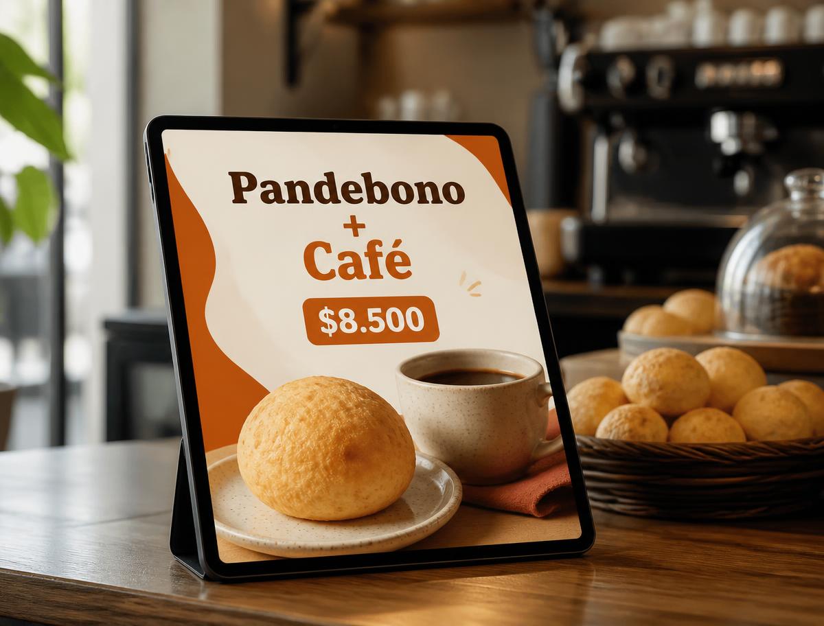 Tablet en la barra de una cafetería mostrando un combo de pandebono con café
