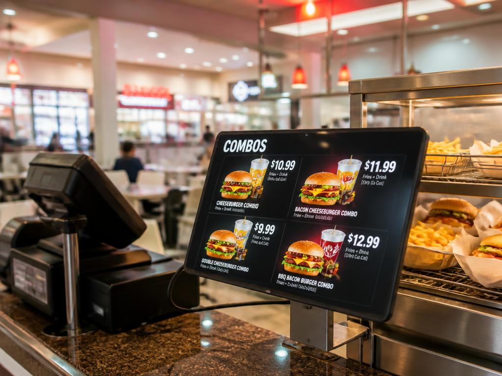 Tablet en un local de comida rápida en una plazoleta de comidas mostrando los combos y sus precios