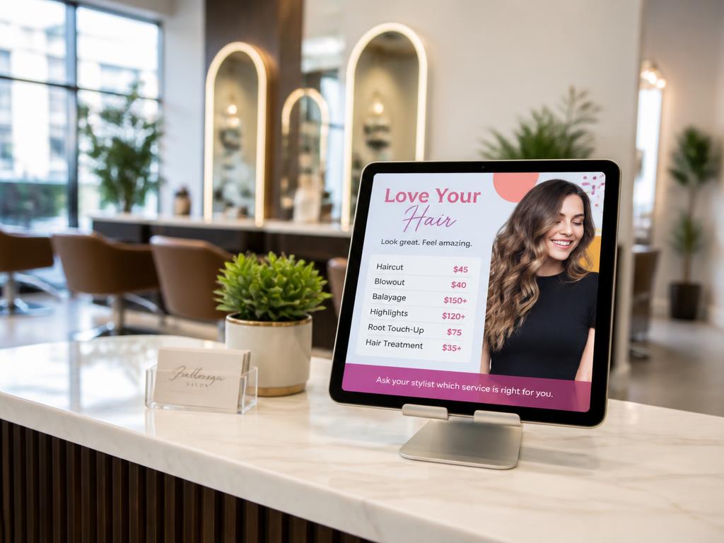 Tablet en el mostrador de un salón de belleza mostrando los precios de los servicios